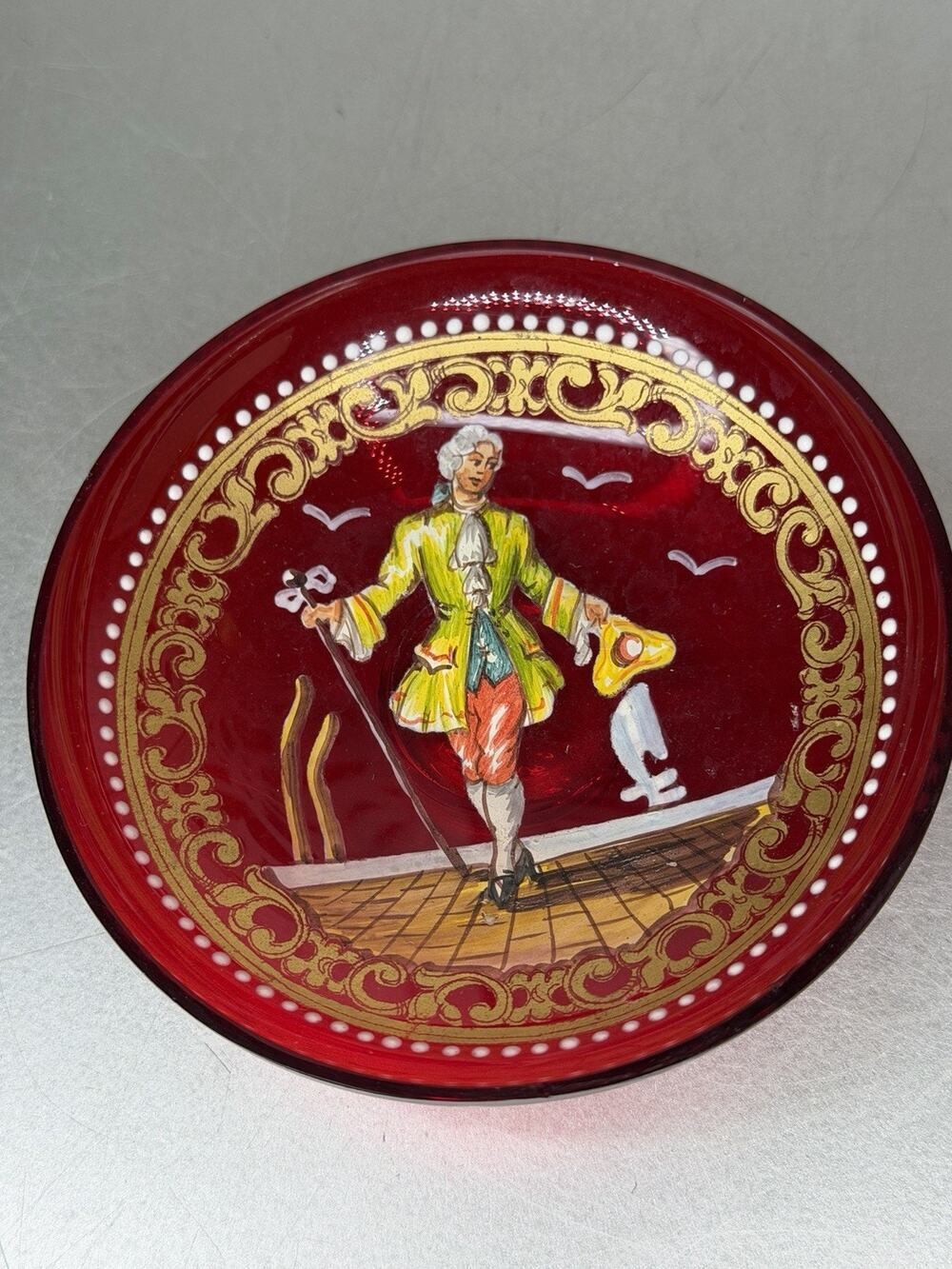 SALVIATI & C MURANO HAND PAINTED VENETIAN GLASS TRINKET DISH Bowl Red Italy